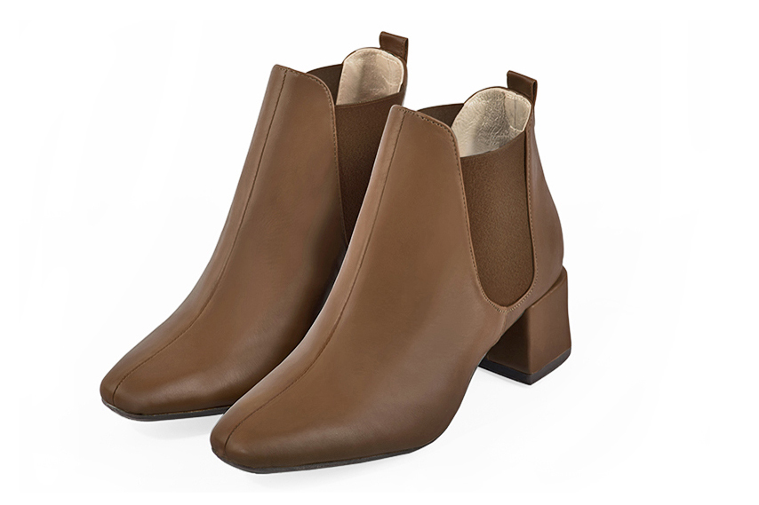 Caramel brown women's ankle boots, with elastics. Square toe. Medium block heels. Front view - Florence KOOIJMAN